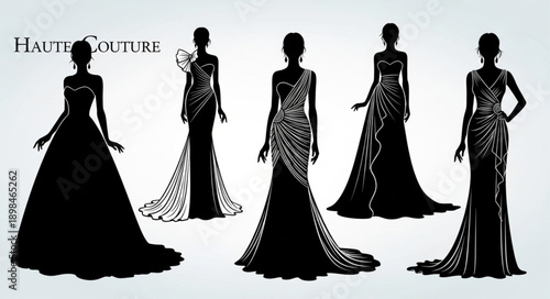 Haute Couture Fashion Silhouettes Elegant Evening Gowns.