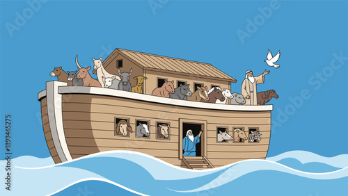 Biblical scene of Noah's Ark floating on blue ocean waves with various pairs of animals and Noah releasing a white dove into the clear sky.
