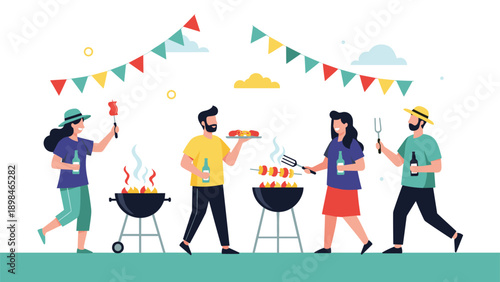 Friends enjoying a backyard barbecue party with grills and food under festive bunting flags in a sunny outdoor setting with refreshments.