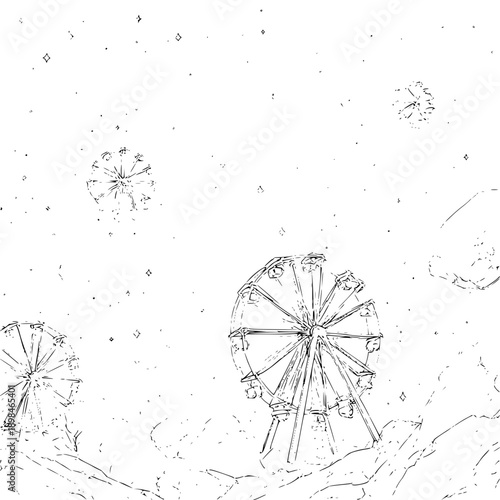 Ferris Wheel at Night with Dandelion Fluff and Stars
