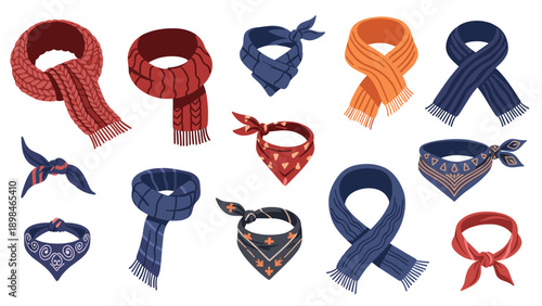 Assortment of stylish scarves and bandanas in different colors and patterns including knit, stripe, and geometric designs.