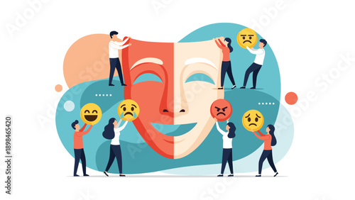 Group of people managing emotions by holding different emoji faces around a giant mask representing mental health and theater.