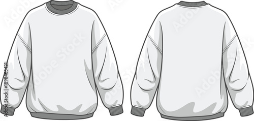 Technical line art vector illustration of oversized crew neck sweatshirt front and back views long sleeve casual apparel template