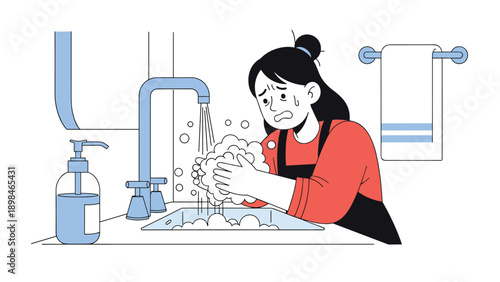 Stressed woman washing her hands in a bathroom sink looking anxious while bubbles and water flow from the blue faucet.