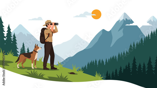 Hiker standing on a mountain peak with his dog using binoculars to explore the scenic valley and snowy mountain range.