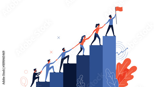 Corporate team members helping each other climb up large stairs to reach a red flag representing success and leadership.