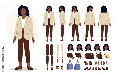 Character constructor for animation vector illustration. Stylish young woman wearing business casual outfit, trousers, blazer. Front, side, back view set. Poses and postures, collection. 
