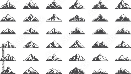 Comprehensive vector collection of 30 diverse mountain peak icons and rugged terrain silhouettes, symbolizing nature, adventure, and exploration in a monochromatic graphic style.