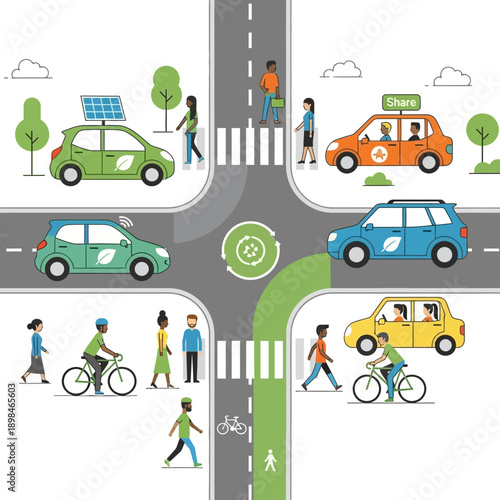 Eco-friendly urban street intersection with diverse people, bikes, and cars