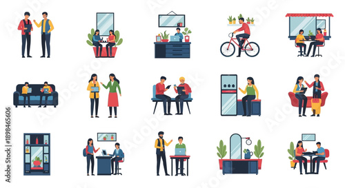 Collection of flat design illustrations depicting people engaged in various social interactions, business meetings, and daily activities.