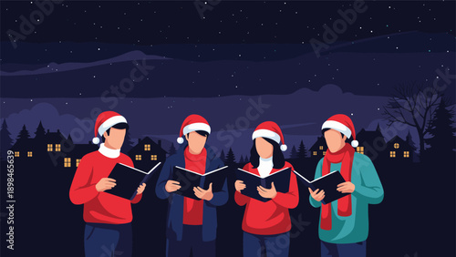 Group of carolers wearing Santa hats singing from songbooks in a snowy village at night under a starry winter sky.