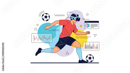 Soccer player using a virtual reality headset to play a digital football match with data charts and icons on the screen.
