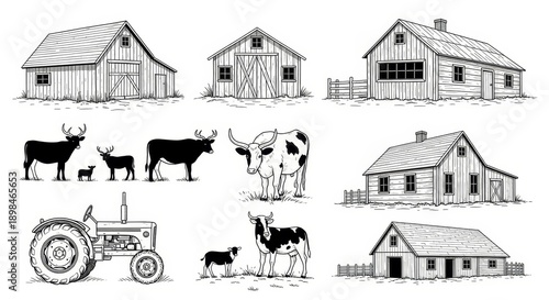 Hand drawn vector sketch of an old farm house building featuring a rustic cottage architecture design with a detailed roof and window set for real estate construction and art icon symbols