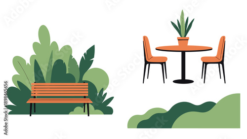 Set of outdoor furniture including a wooden bench and a garden cafe table with chairs surrounded by green bushes and plants.