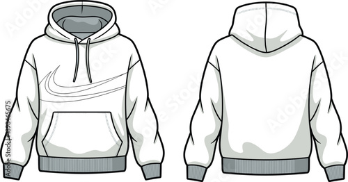 Technical line art vector illustration of modern pullover hoodie sweatshirt front and back views casual streetwear apparel templateTechnical line art vector illustration of modern 