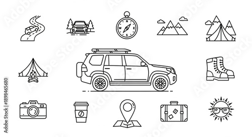 Adventure travel icons set with car and camping gear.