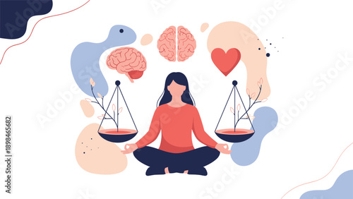 Woman meditating in a lotus pose surrounded by symbols of a brain, heart, and scales representing mental and emotional balance.