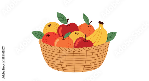 A woven basket overflowing with a vibrant assortment of fresh fruits, including apples, oranges, and bananas, artfully arranged with green leaves.