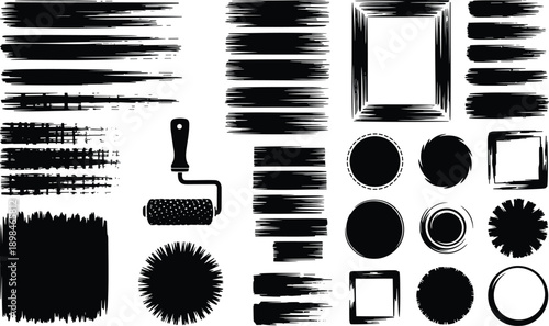 Comprehensive vector kit featuring black grunge paint brush strokes, distressed texture elements, artistic frames, and abstract shapes for modern graphic design projects.