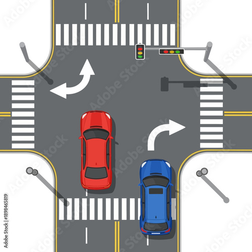 Top view of a crossroad intersection with cars and traffic lights