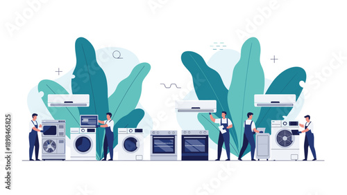 Service technicians installing and repairing various home appliances like washing machines, ovens, and air conditioners.