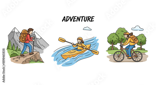 Illustrations of various outdoor adventure activities including hiking in mountains, kayaking on a river, and cycling through nature.