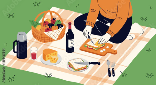 A person is preparing a sandwich during a picnic on a checkered blanket in the grass.