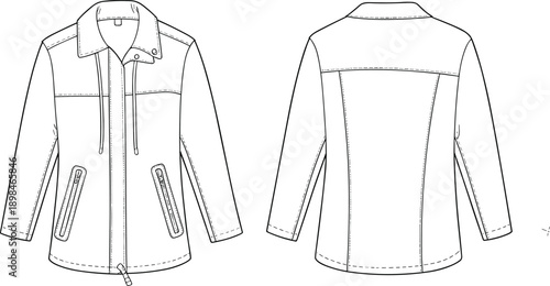 Technical line art vector illustration of women casual jacket front and back views zippered outerwear apparel fashion design template