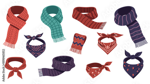 Large set of colorful scarves and bandanas with various patterns like stripes, waves, and dots for fashion accessories.