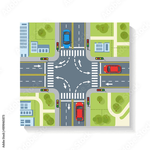 Aerial View of Busy City Intersection with Cars and Traffic Lights