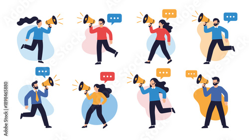 Collection of people in various poses holding megaphones and speech bubbles to communicate messages and marketing ideas.