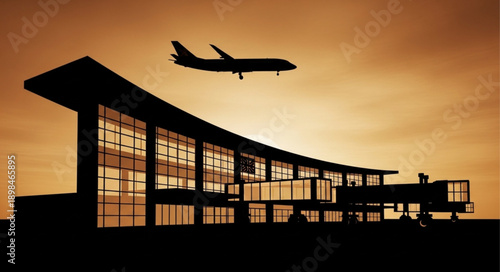Airplane flying over modern airport terminal building at sunset.