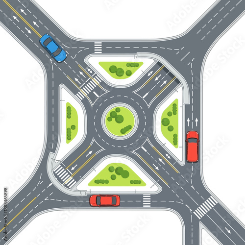 Aerial View of a Modern Traffic Roundabout Intersection with Cars