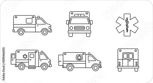 Ambulance vehicle icons and medical symbol set.