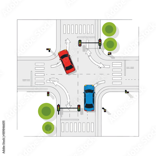 Top view of cars at intersection with traffic lights and pedestrian crossing