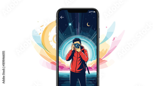 Smartphone screen showing a photographer in a red jacket taking a photo of a magical starry night sky and ocean view.