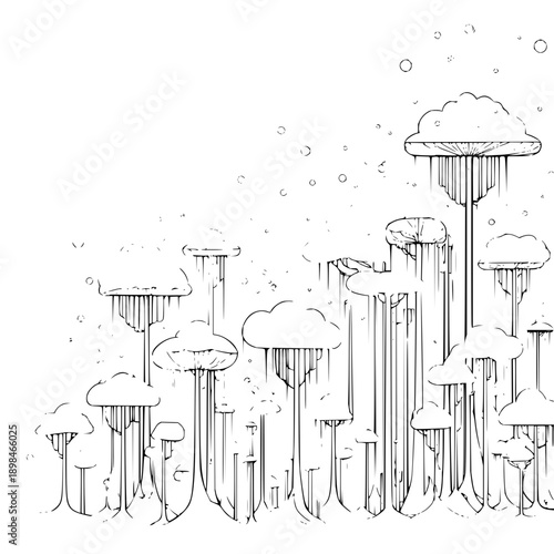 Fantasy Mushroom Cityscape with Clouds and Bubbles