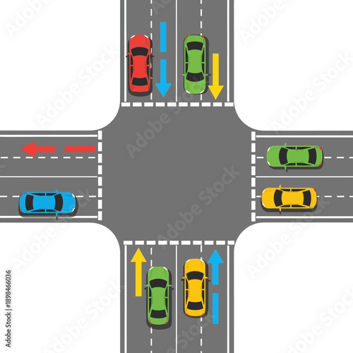 Top view of a busy intersection with cars and traffic signals, illustrating traffic flow