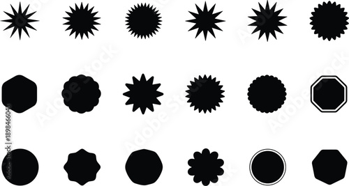 Diverse collection of 18 black vector starbursts, scalloped badges, and geometric seal shapes isolated on a white background, perfect for sales stickers and promotional graphics.