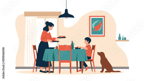 Caring mother serving a meal to her son at a dining table with a pet dog watching the family dinner in a cozy home.