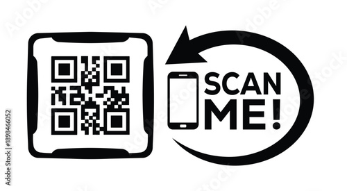 Black and white QR code with bold "SCAN ME" text, smartphone icon, and curved arrow—ideal for mobile interaction, digital marketing, and tech-themed promotional materials.