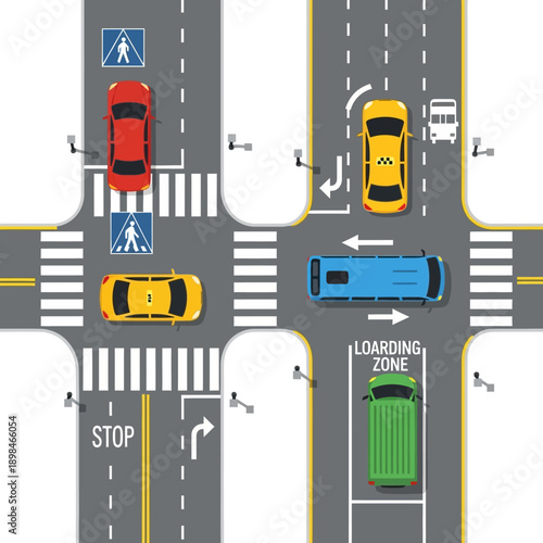 Busy Intersection with Cars, Bus, Taxi, and Pedestrians - Top View