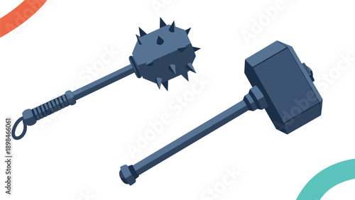 Ancient medieval weapons featuring a spiked mace and a heavy war hammer against a white background with abstract shapes.