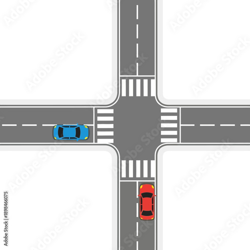 Top view of a busy intersection with cars and crosswalks