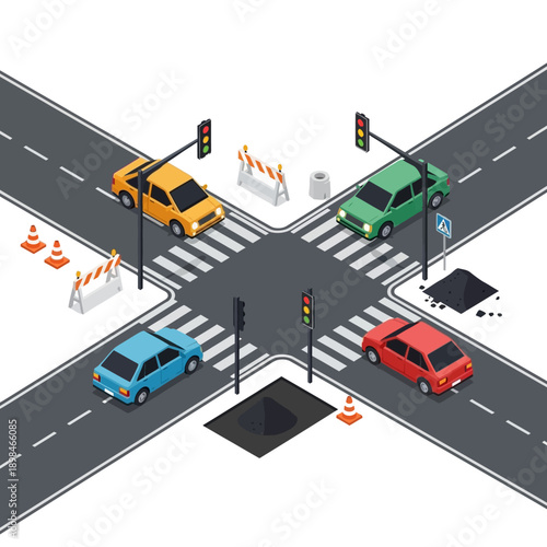 Isometric Crossroads Traffic Intersection with Cars and Roadwork