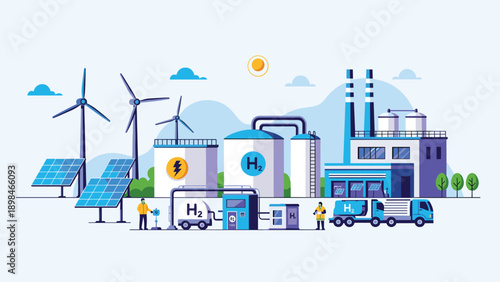 Sustainable hydrogen production plant with wind turbines and solar panels providing clean energy for industrial use and transportation.
