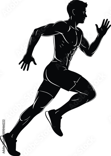 Running man silhouette showing muscular male athlete sprinting in motion isolated on white background fitness and sport concept
