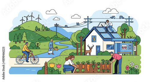 A vibrant illustration depicting a sustainable community with renewable energy sources, organic gardening, and eco-friendly transportation.