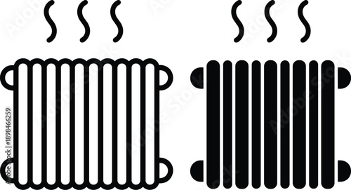 Minimalist black and white icons of a classic radiator emitting heat waves, symbolizing essential home heating, thermal comfort, and climate control systems for modern digital interfaces.