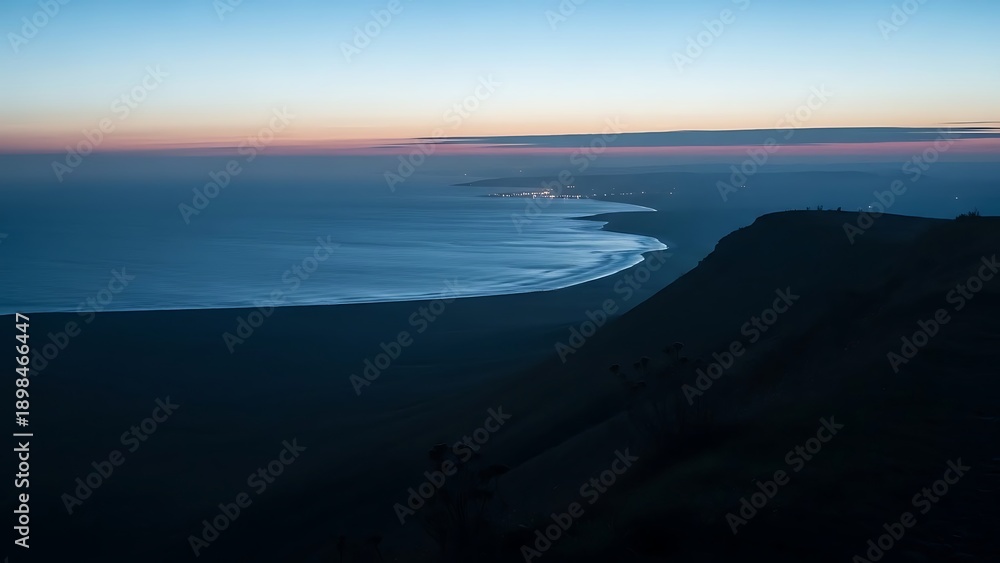 Fototapeta premium Twilight fades over a coastal town and the sea